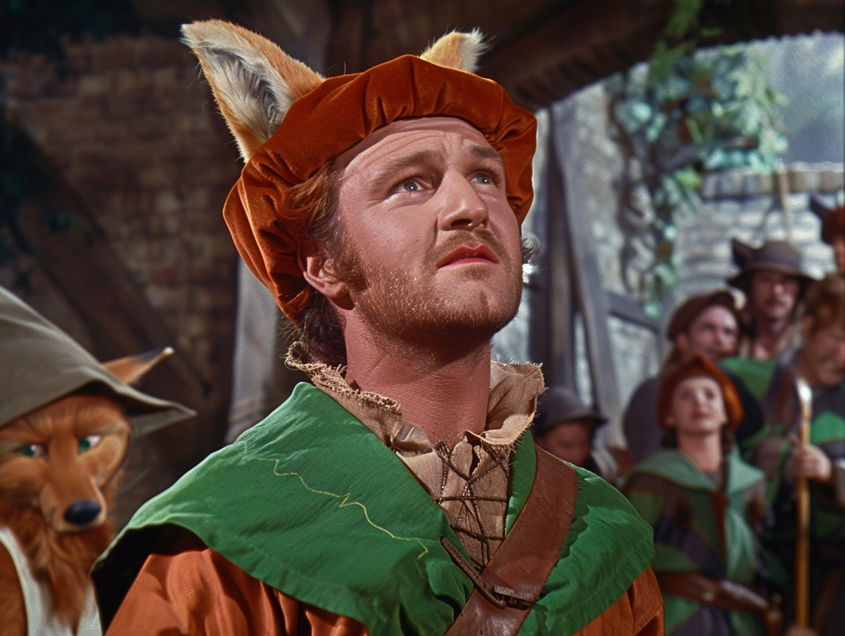 Robin Hood in green attire looks up, with actors and an anthropomorphic fox in the background