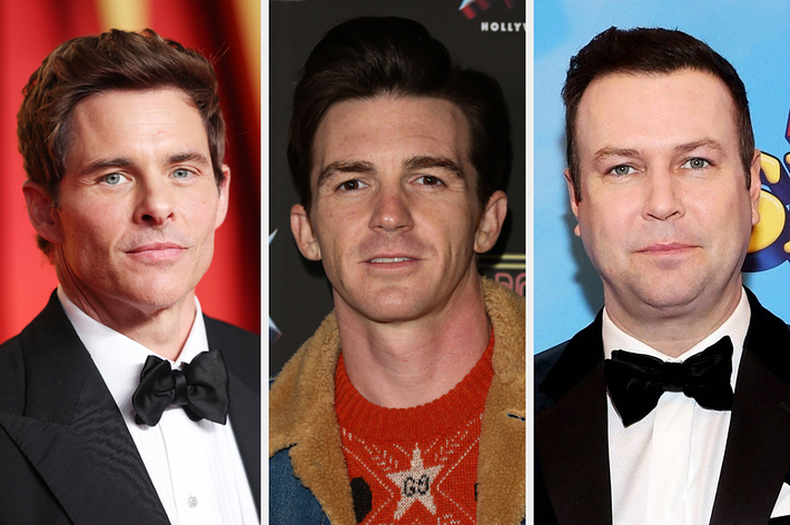 Three male celebrities in formal wear; two in suits with bow ties and one in a casual sweater