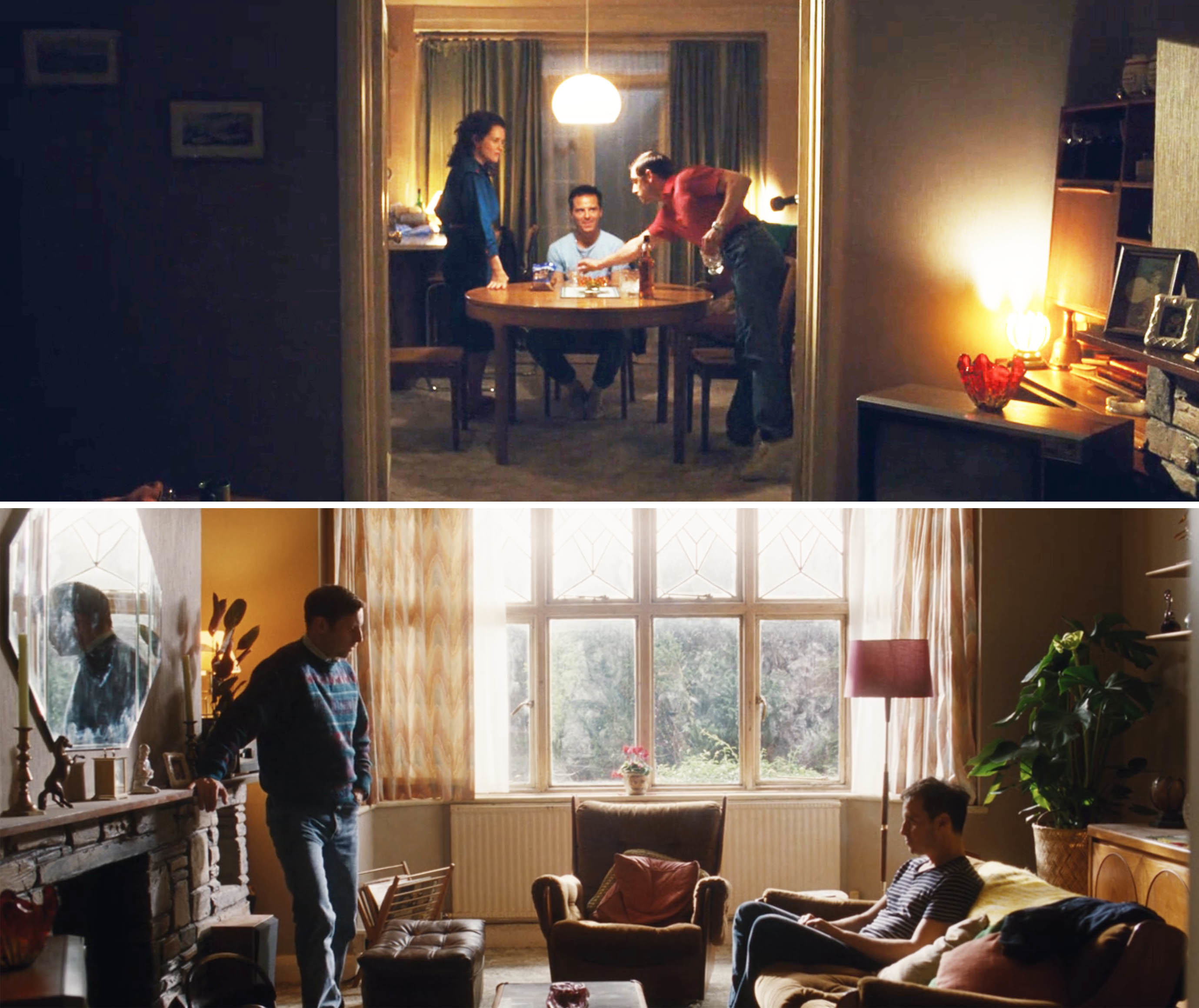 Two scenes from All of Us Strangers, with Adam in his childhood home with his parents