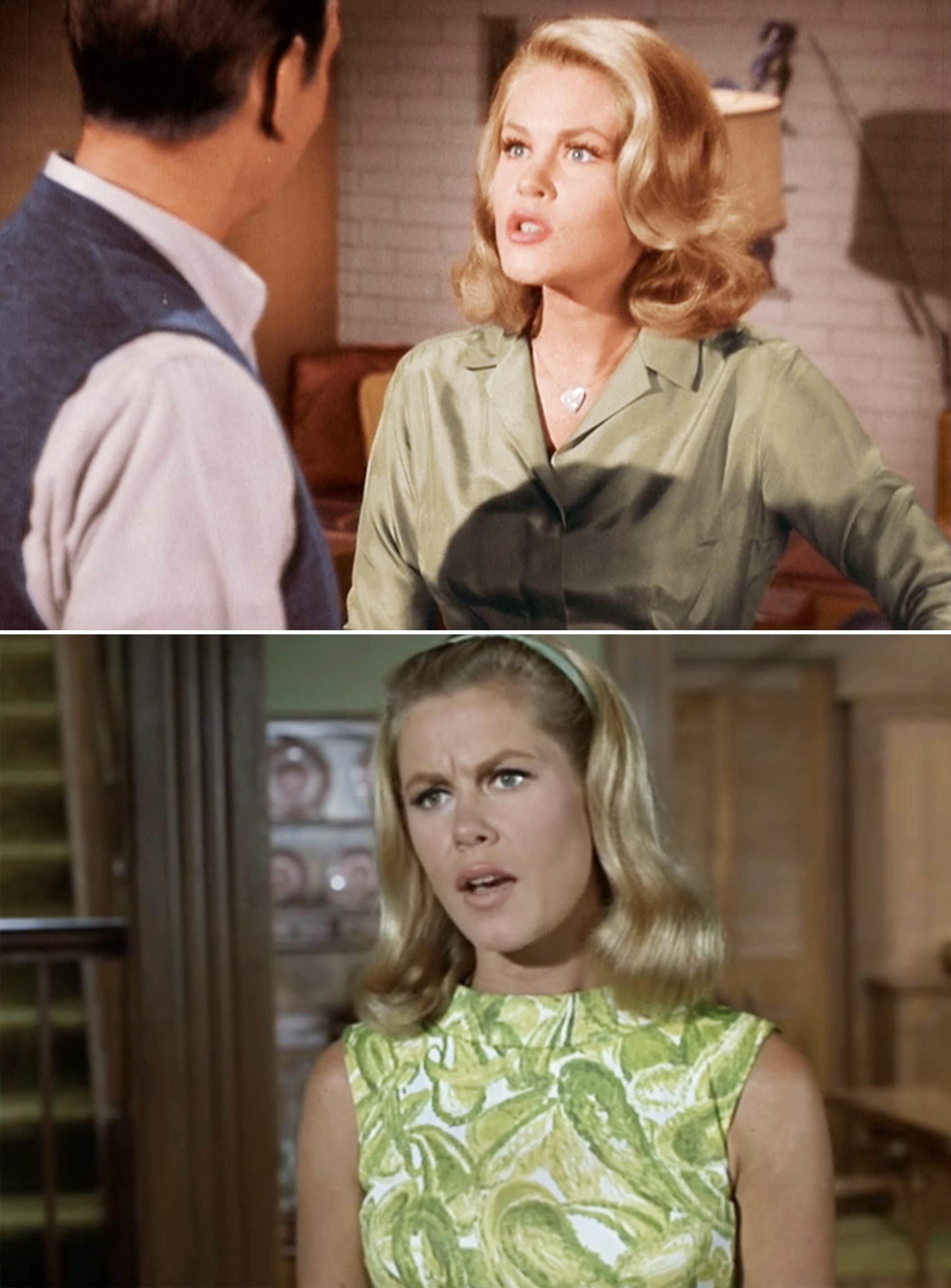 Two scenes featuring Elizabeth  as Samantha Stephens, wearing different outfits