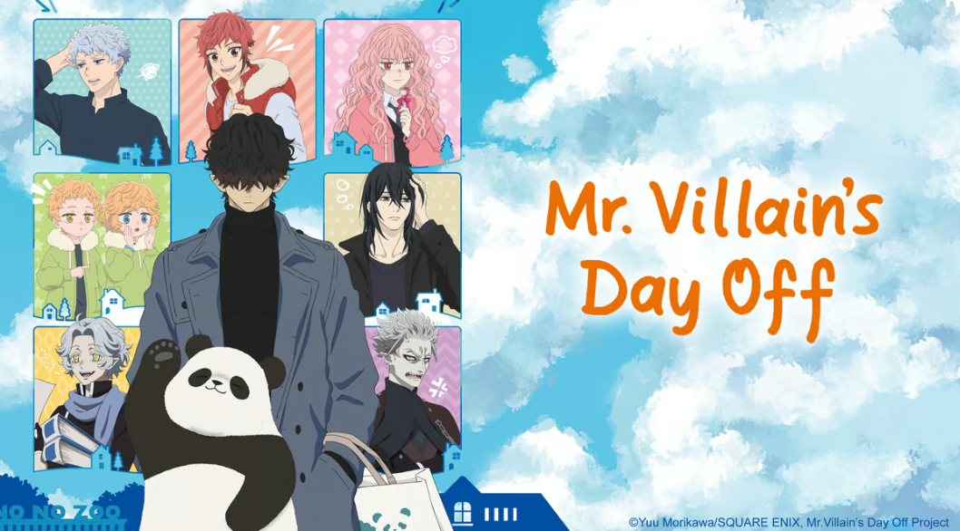 Ilustración de varios personajes de anime con un hombre y un panda en el centro para &quot;Mr. Villain&#x27;s Day Off&quot;