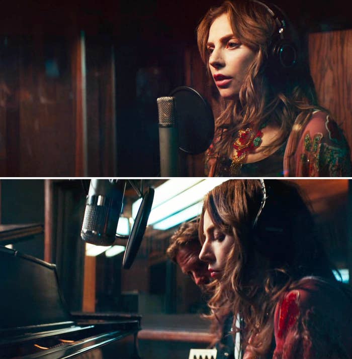 Lady Gaga wearing an embellished outfit while recording in a studio, shown in two angles