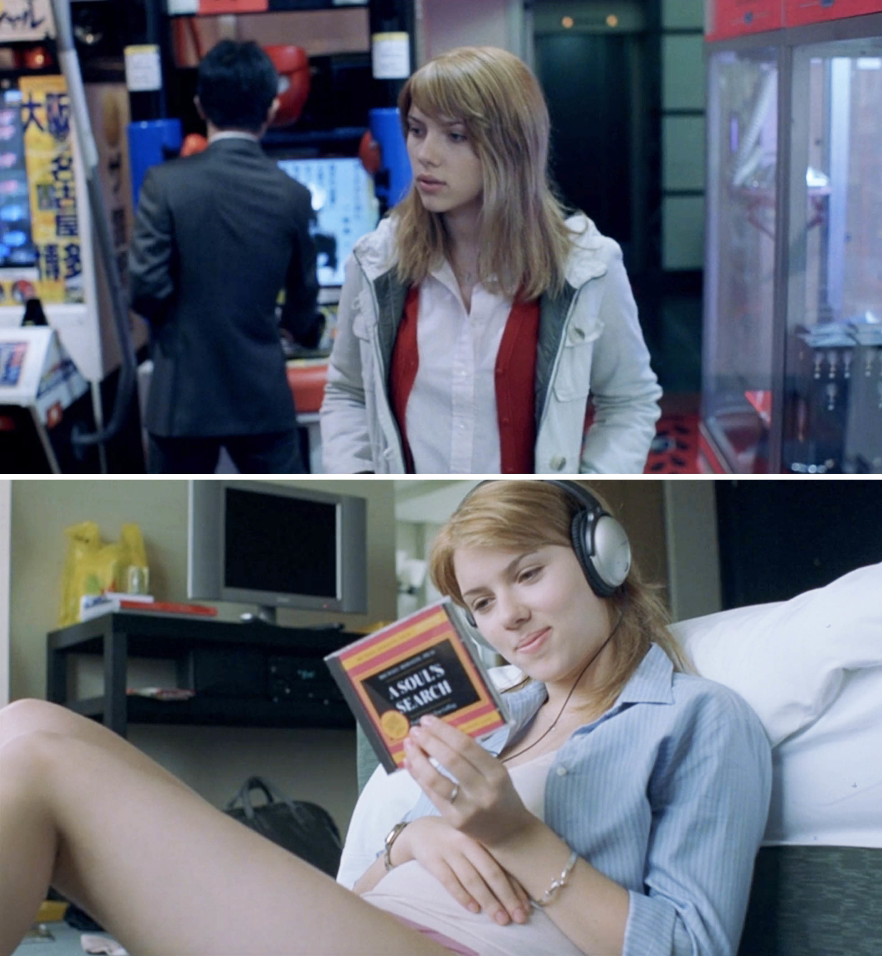 Two scenes featuring Charlotte from &quot;Lost in Translation&quot;: Charlotte in an arcade and Charlotte on a bed with a book and wearing headphones