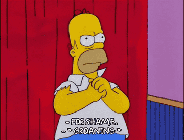 Gif of Homer Simpson with a guilty expression saying &quot;for shame&quot; in front of a groaning crowd