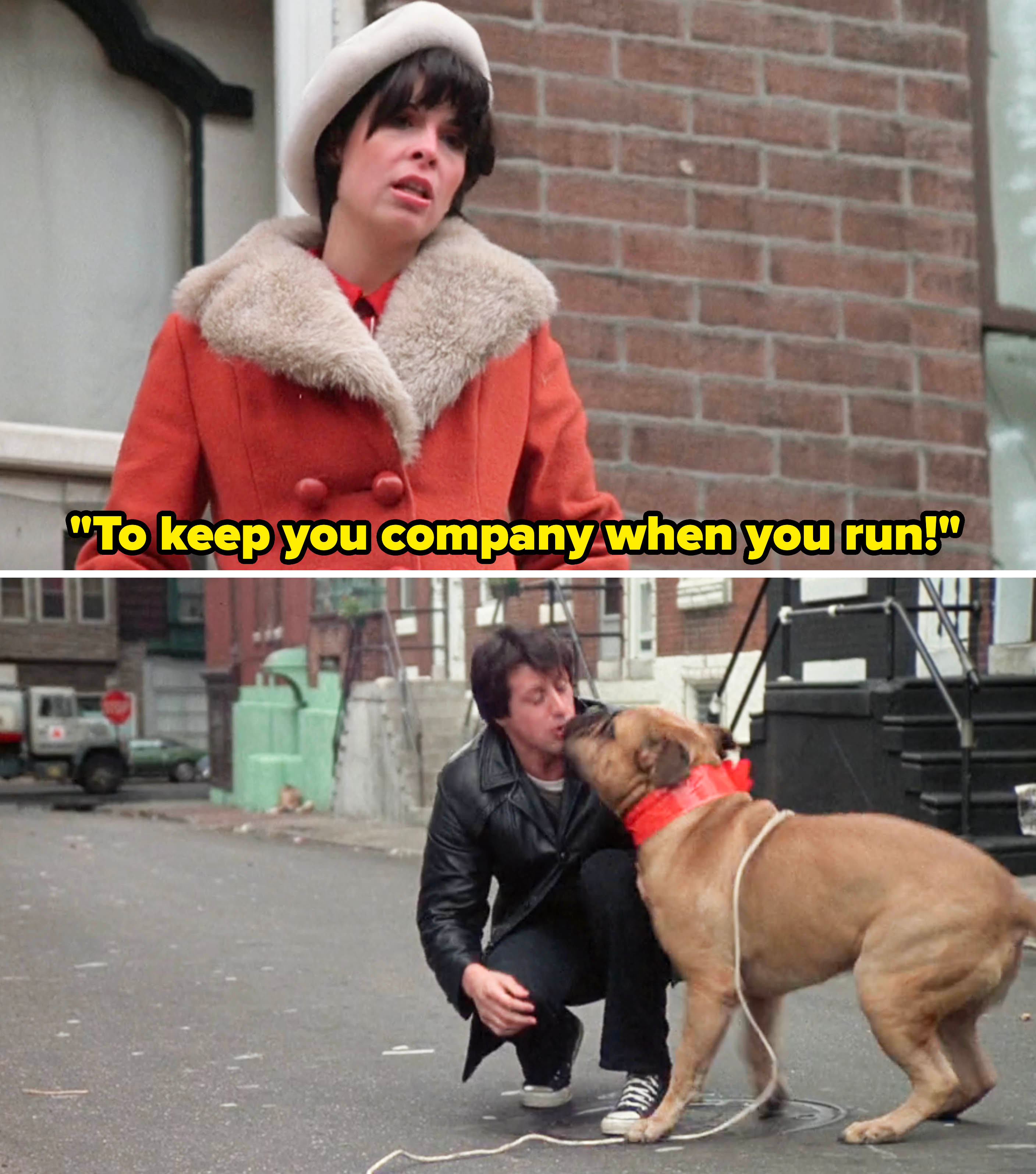 Two scenes from Rocky with Adrian wearing a white hat and red coat, and Rocky with Butkus the dog