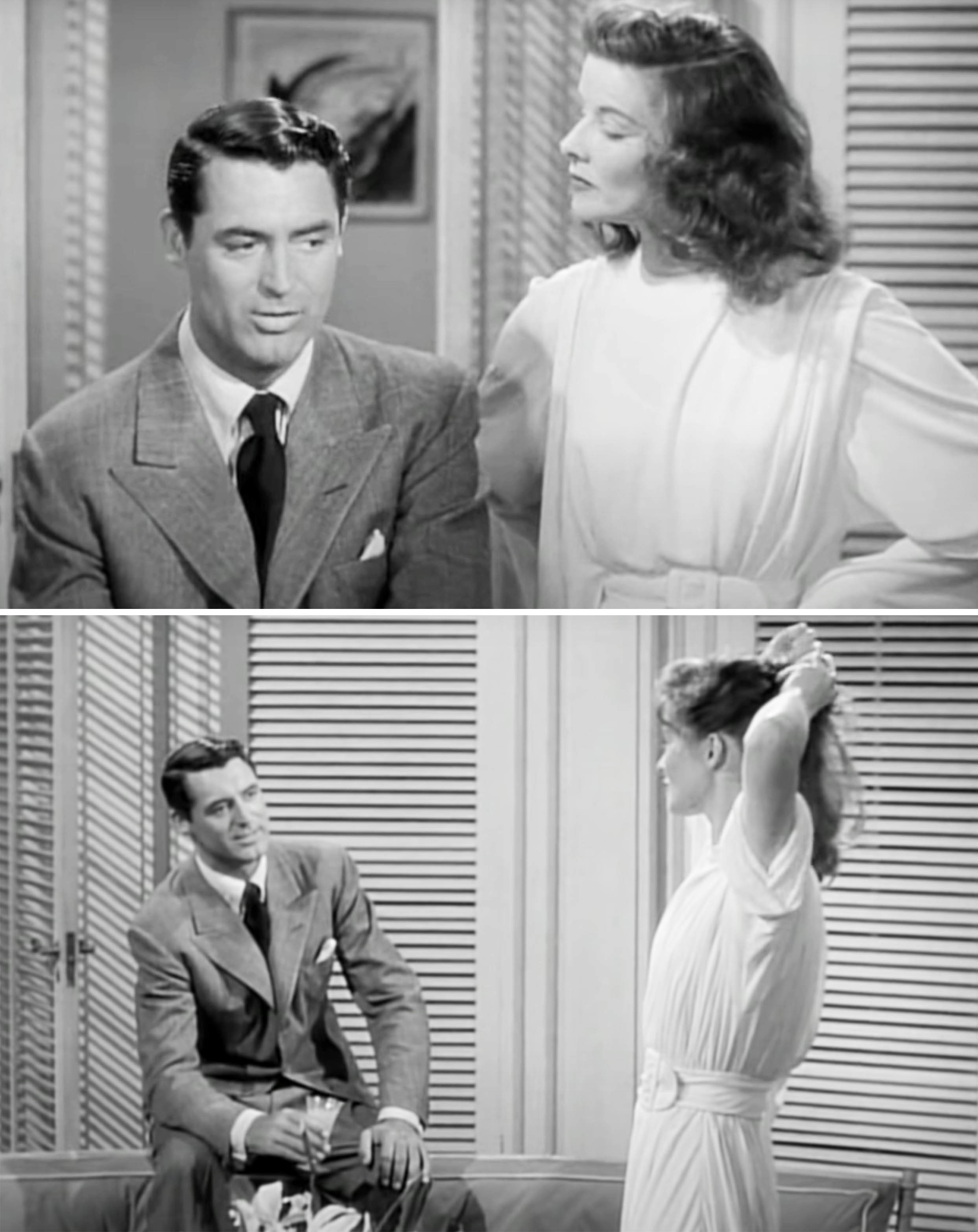 Cary Grant wearing a suit in Philadelphia Story with Katharine Hepburn