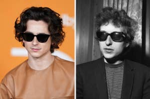 Split image; left side: Timothée Chalamet in sunglasses and leather jacket; right side: Bob Dylan in sunglasses, circa 1960s