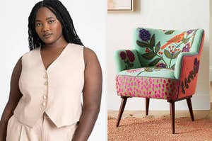 on the left a light peach vest, on the right a vibrant floral-patterned armchair