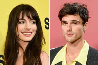 Two celebrities in individual shots, one female with bangs and a smile, and one male with a modern hairstyle