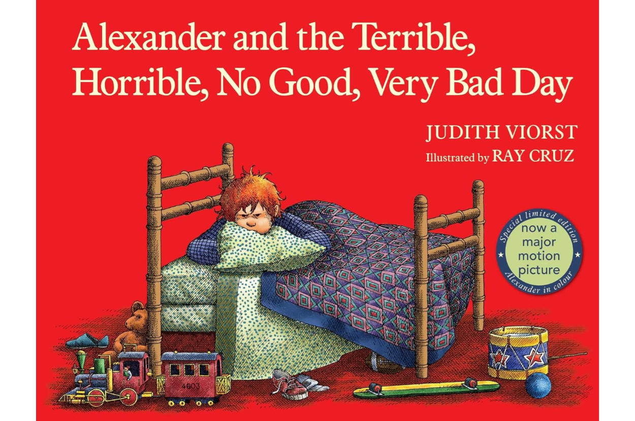 Cover of "Alexander and the Terrible, Horrible, No Good, Very Bad Day" book, featuring Alexander in bed looking upset