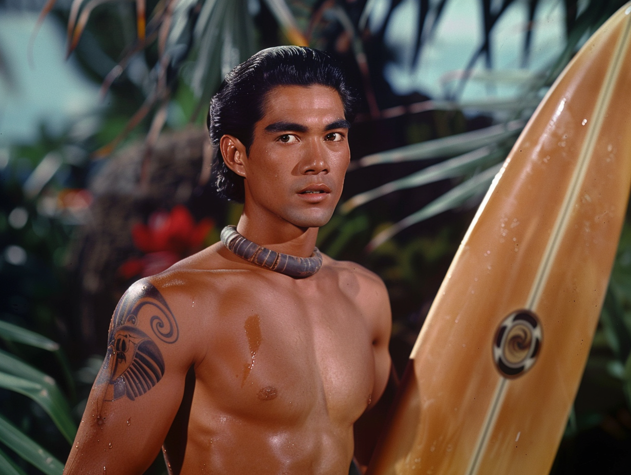 Man holding a surfboard with tribal tattoo on his upper arm, scene from a classic film