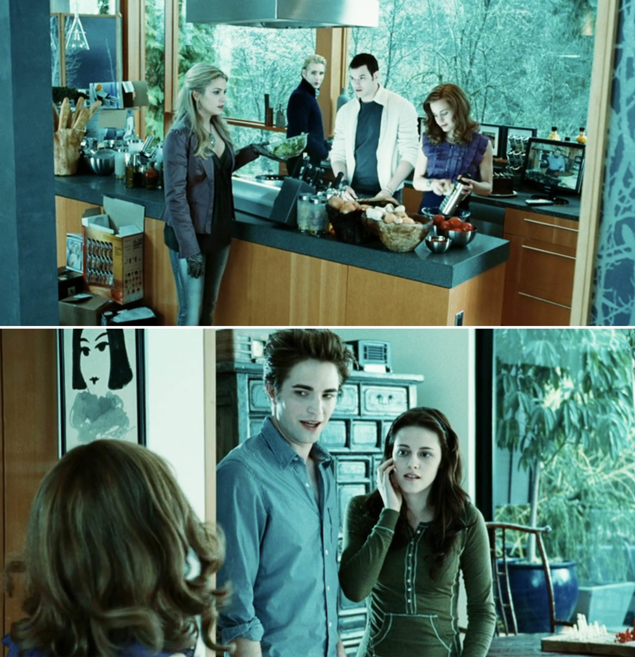 Bella stands beside Edward in the Cullen’s kitchen where other family members prepare food