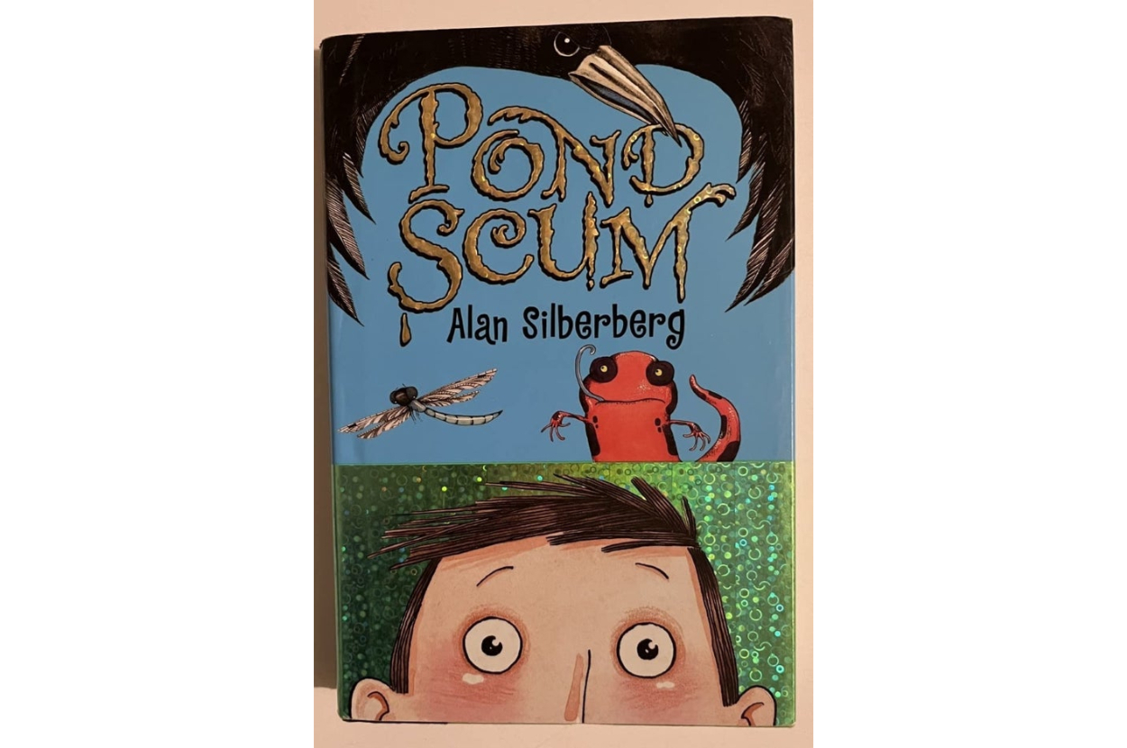 Book cover of "Pond Scum" by Alan Silberberg featuring an illustration of a boy with wide eyes peeking above water with insects and a frog