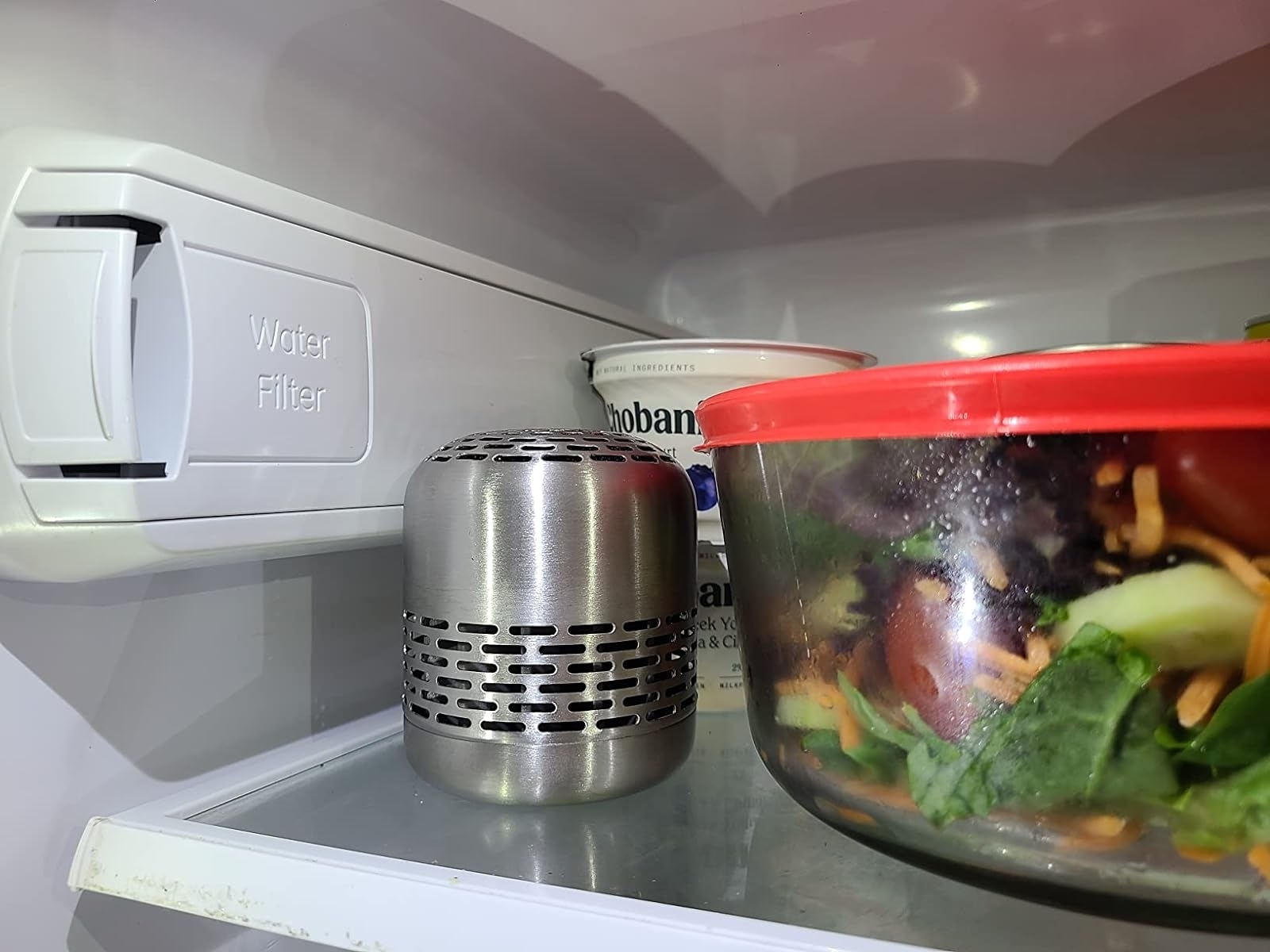 Stainless steel fridge deodorizer next to a salad in a clear bowl with a red lid inside a refrigerator