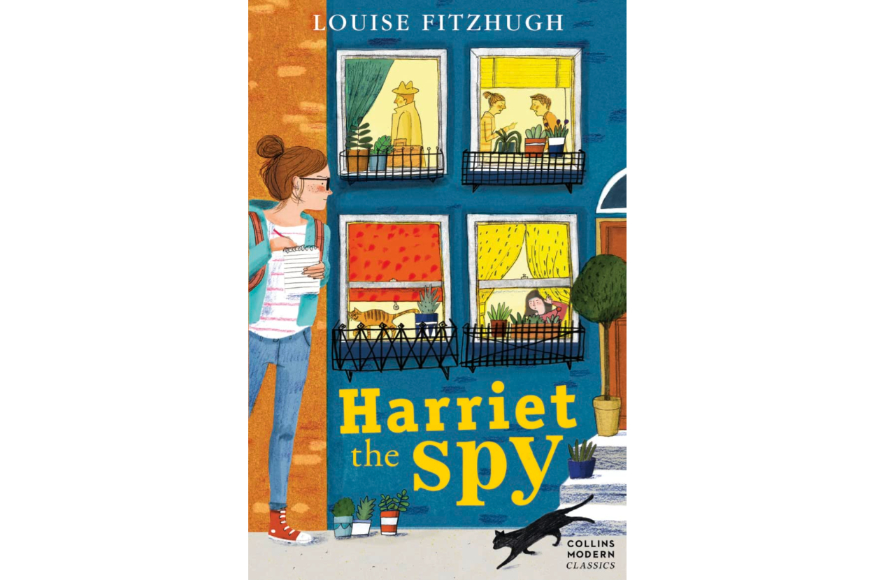 Book cover of "Harriet the Spy" showing illustrated girl with notepad next to a building facade with various windows
