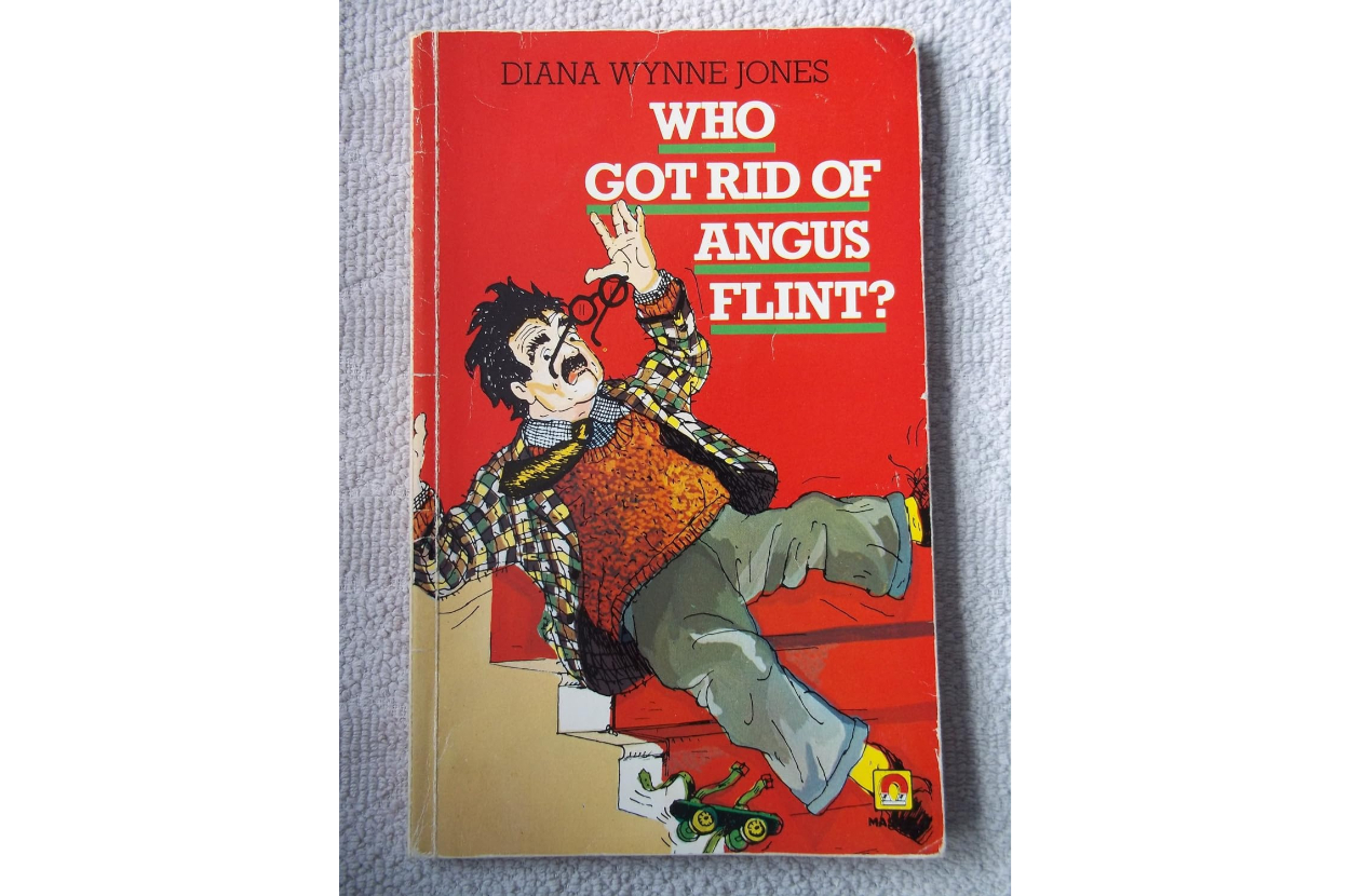Book cover of "Who Got Rid of Angus Flint?" by Diana Wynne Jones, featuring a character in distress