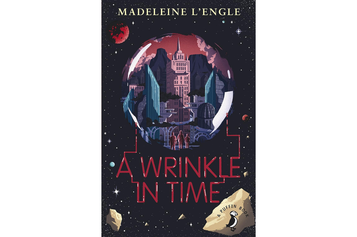 Cover of "A Wrinkle in Time" featuring a stylistic depiction of a building within a circular frame under a starry sky