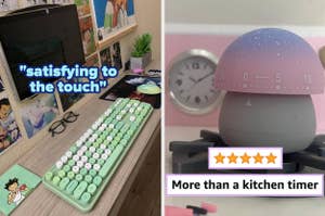 reviewer's work from home set-up with green retro-inspired keyboard and mouse and reviewer's kitchen with pink mushroom timer on stovetop