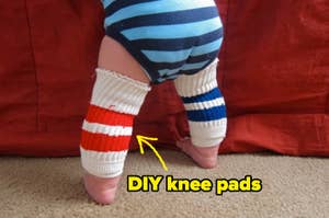 Toddler wearing handmade knee pads created from repurposed socks for protection while crawling