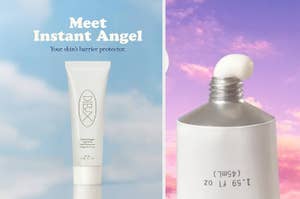 Ad for "Instant Angel" skin barrier cream with close-up of open tube and product detail