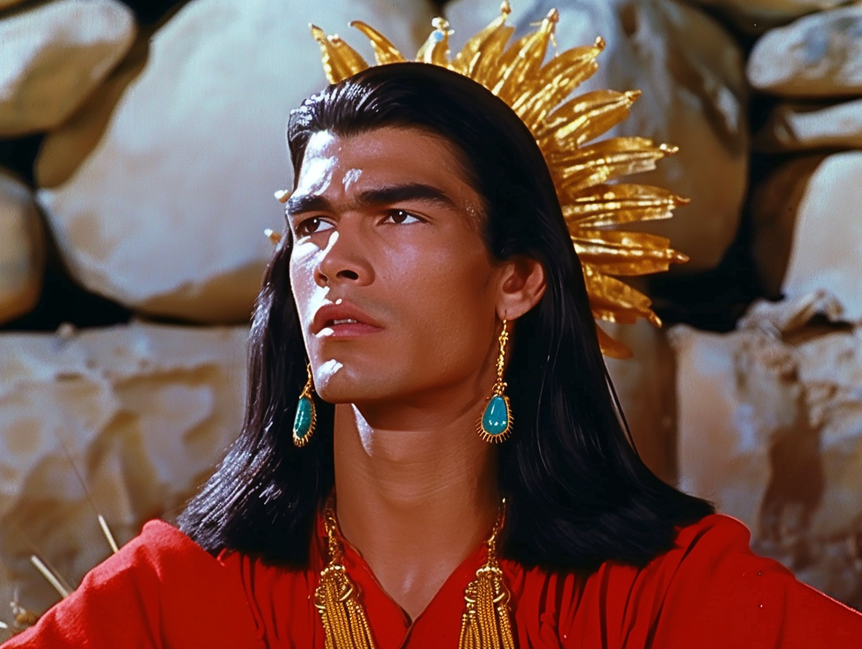 Character wearing a feathered headdress and earrings in a scene from a movie