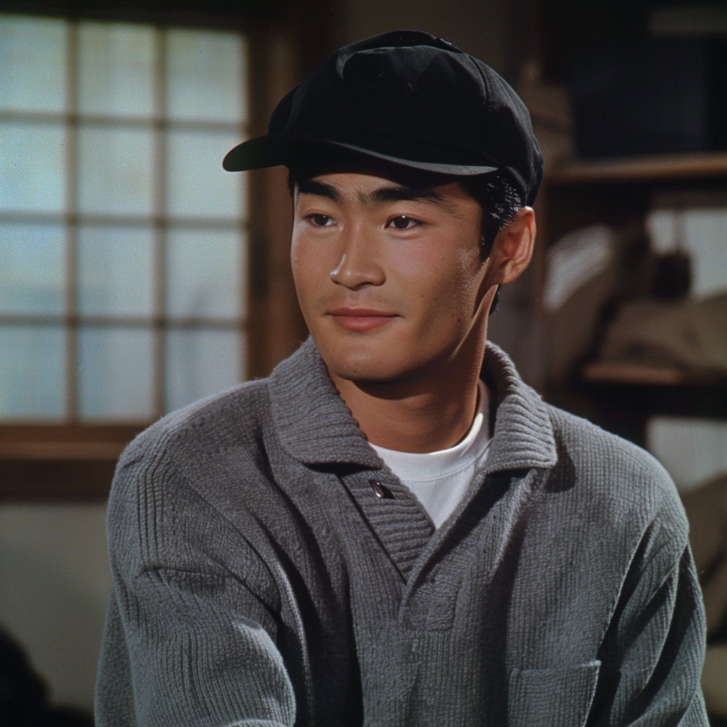 Man in a cap and grey jacket, looking to the side, from an old TV show or movie