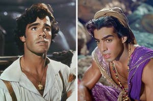 Split image of two actors portraying Aladdin, one in a classic film and one in a modern adaptation