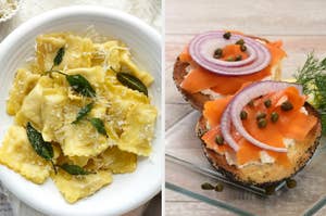 On the left, a plate of ravioli, and on the right, bagels topped with smoked salmon, sliced red onions, and capers