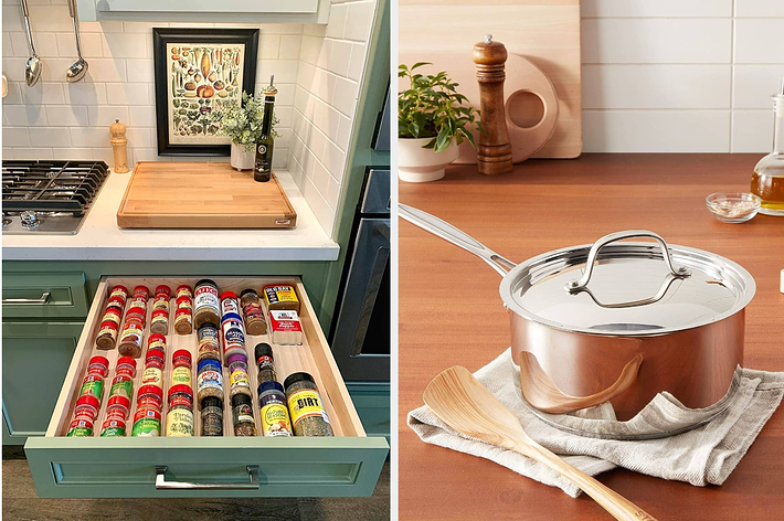 On the left, a neatly-organized spice drawer; on the right, a stainless steel saucepan on a wood counter with a wooden spoon and a dish towel