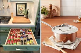 On the left, a neatly-organized spice drawer; on the right, a stainless steel saucepan on a wood counter with a wooden spoon and a dish towel