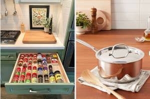 On the left, a neatly-organized spice drawer; on the right, a stainless steel saucepan on a wood counter with a wooden spoon and a dish towel