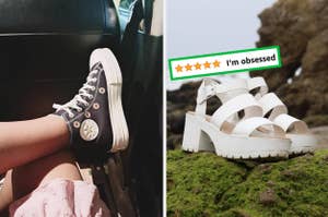 reviewer wearing high top black converse with floral embroidery and white lug sole heeled sandals