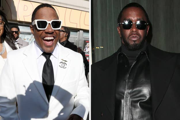 Two side-by-side photos of P. Diddy in a white suit on the left and in a black jacket on the right