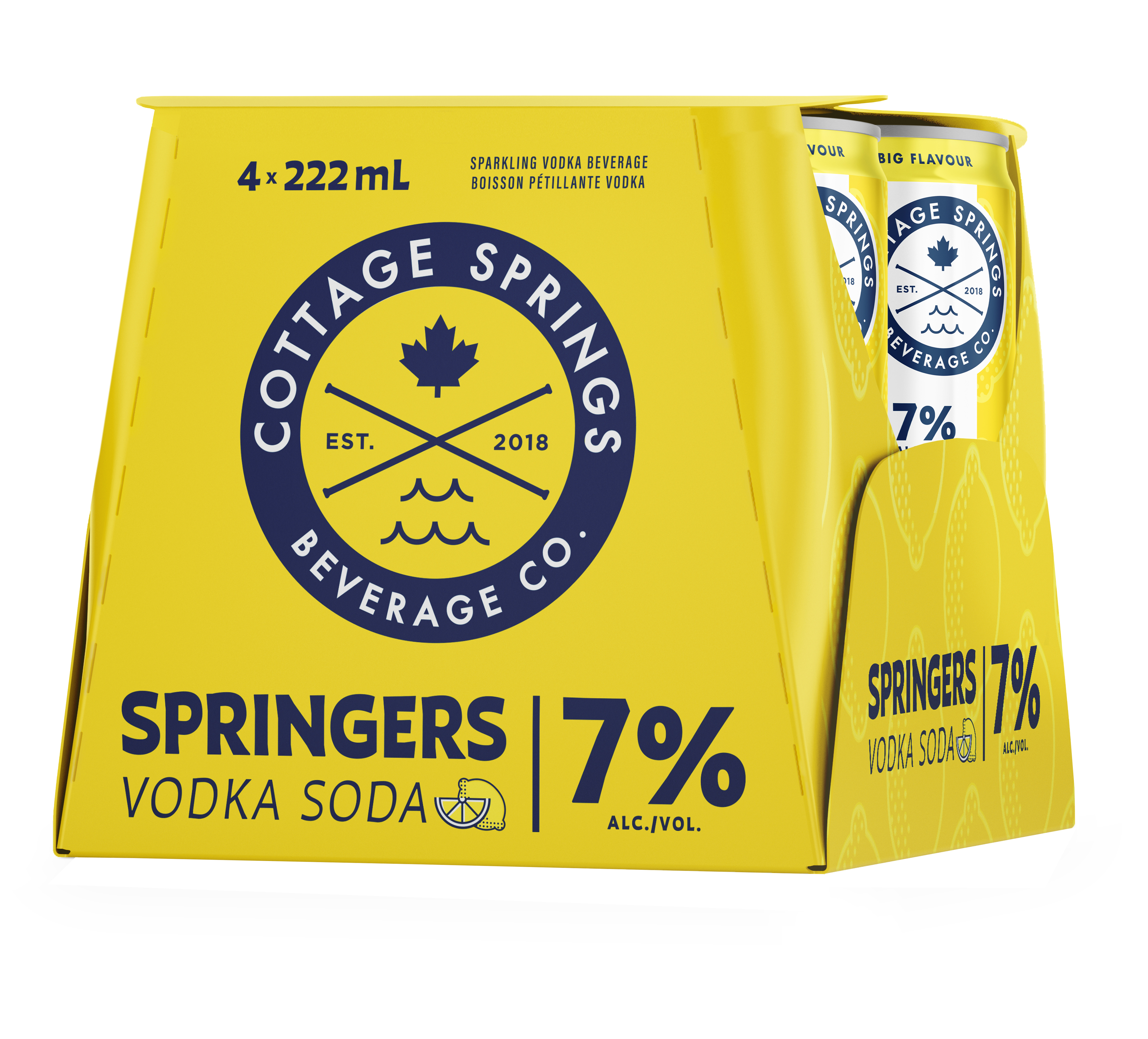 Four-pack of Cottage Springs Vodka Soda, 7% alcohol content by Springers Beverage Co., established in 2018