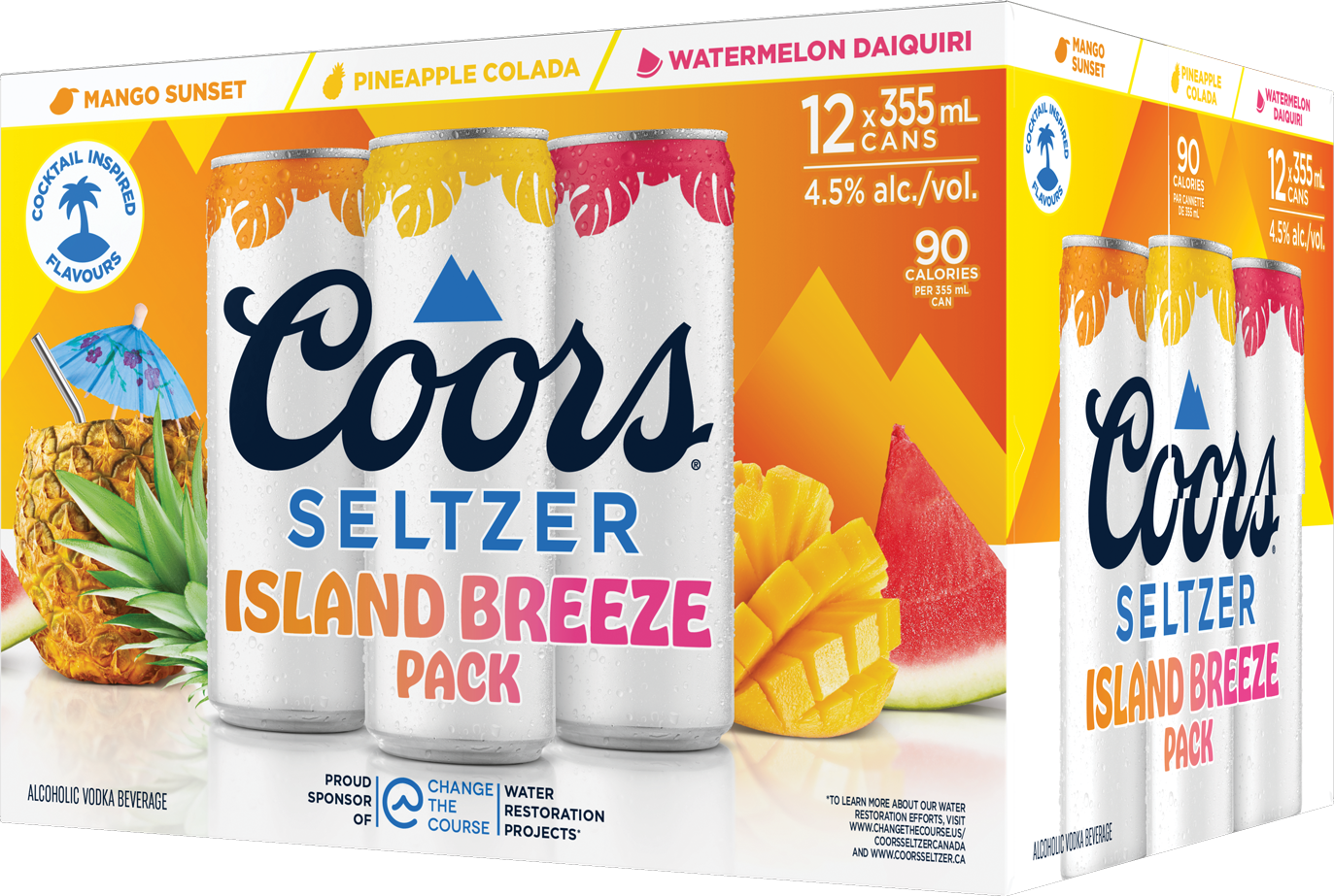 Assorted Coors Seltzer Island Breeze pack with mango, pineapple, and watermelon flavors