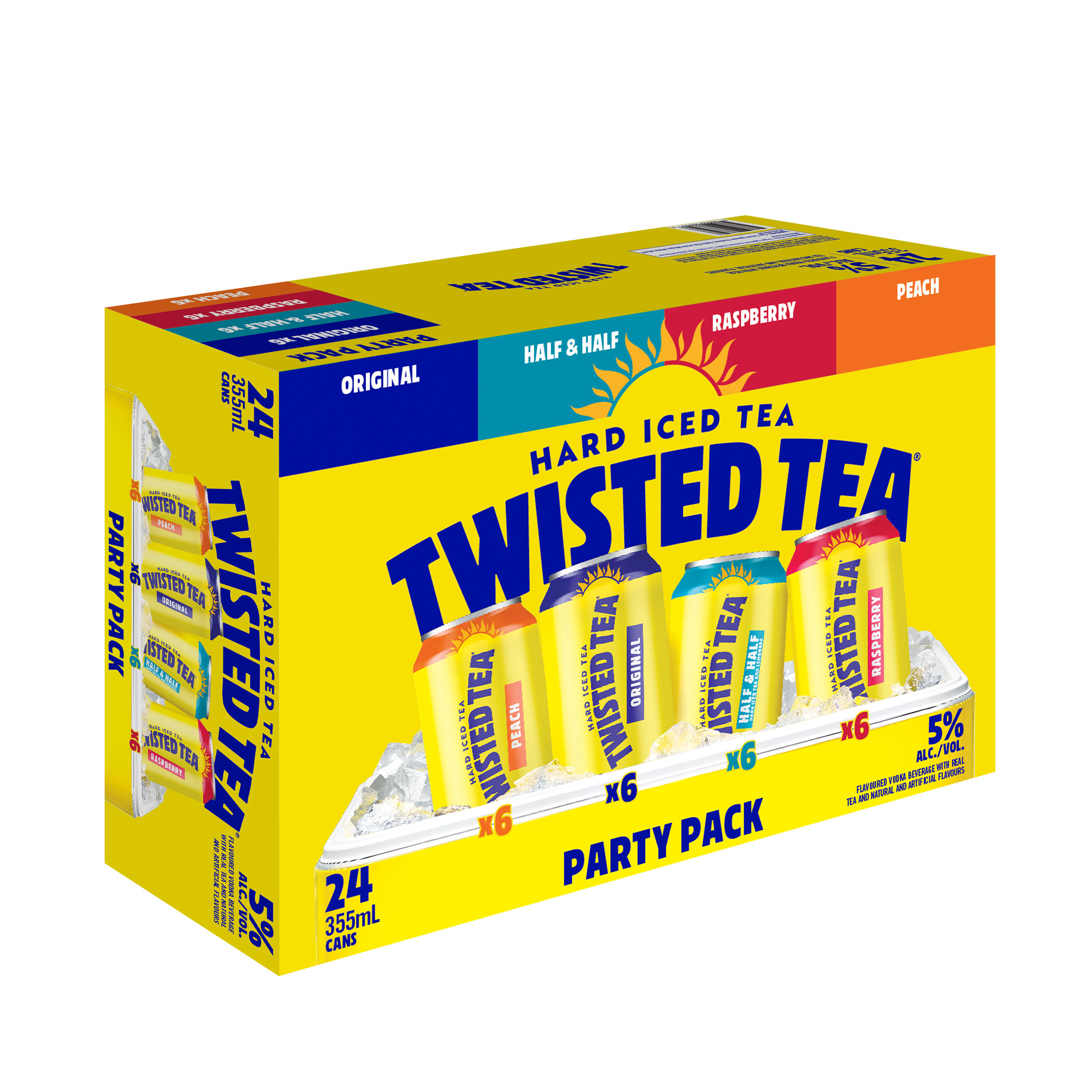 Twisted Tea Variety Pack box with three flavors: Original, Raspberry and Peach