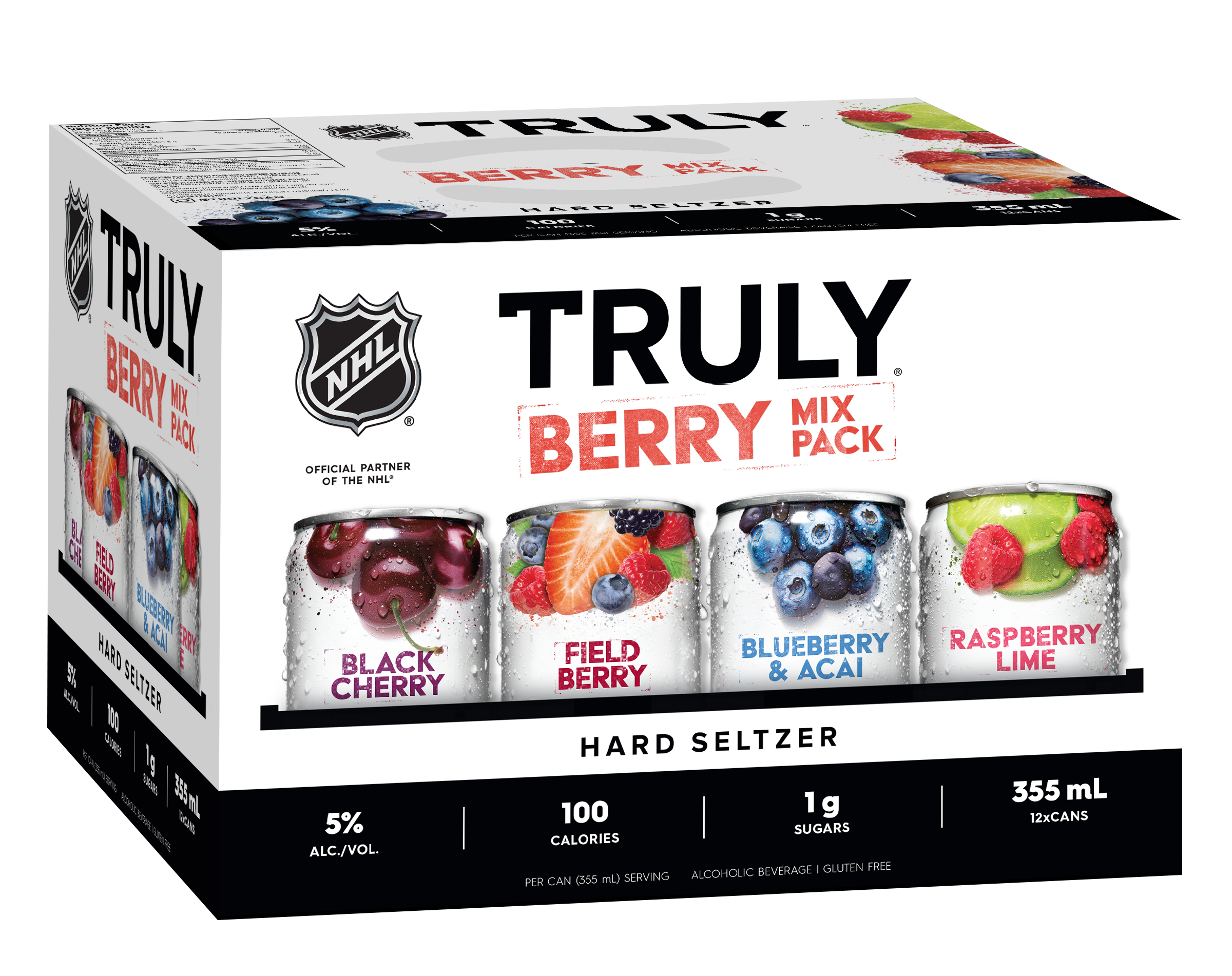 Truly Hard Seltzer Berry Mix Pack with four flavor options, endorsed by NHL, displayed in a box