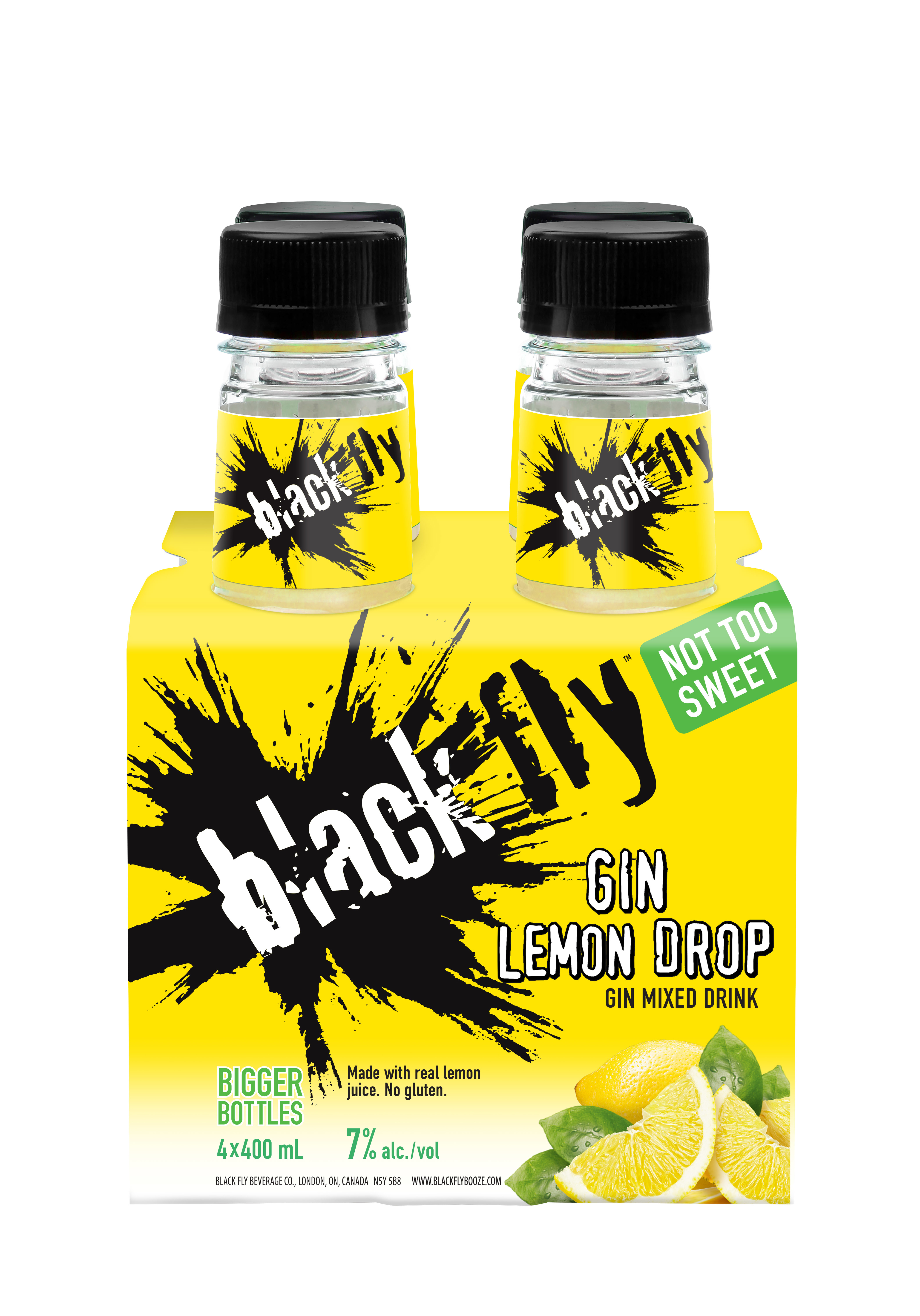 Lemon Drop Gin mixed drink packaging with the brand name &quot;BlackFly&quot; and image of lemon slices, highlighting &#x27;Not Too Sweet&#x27;