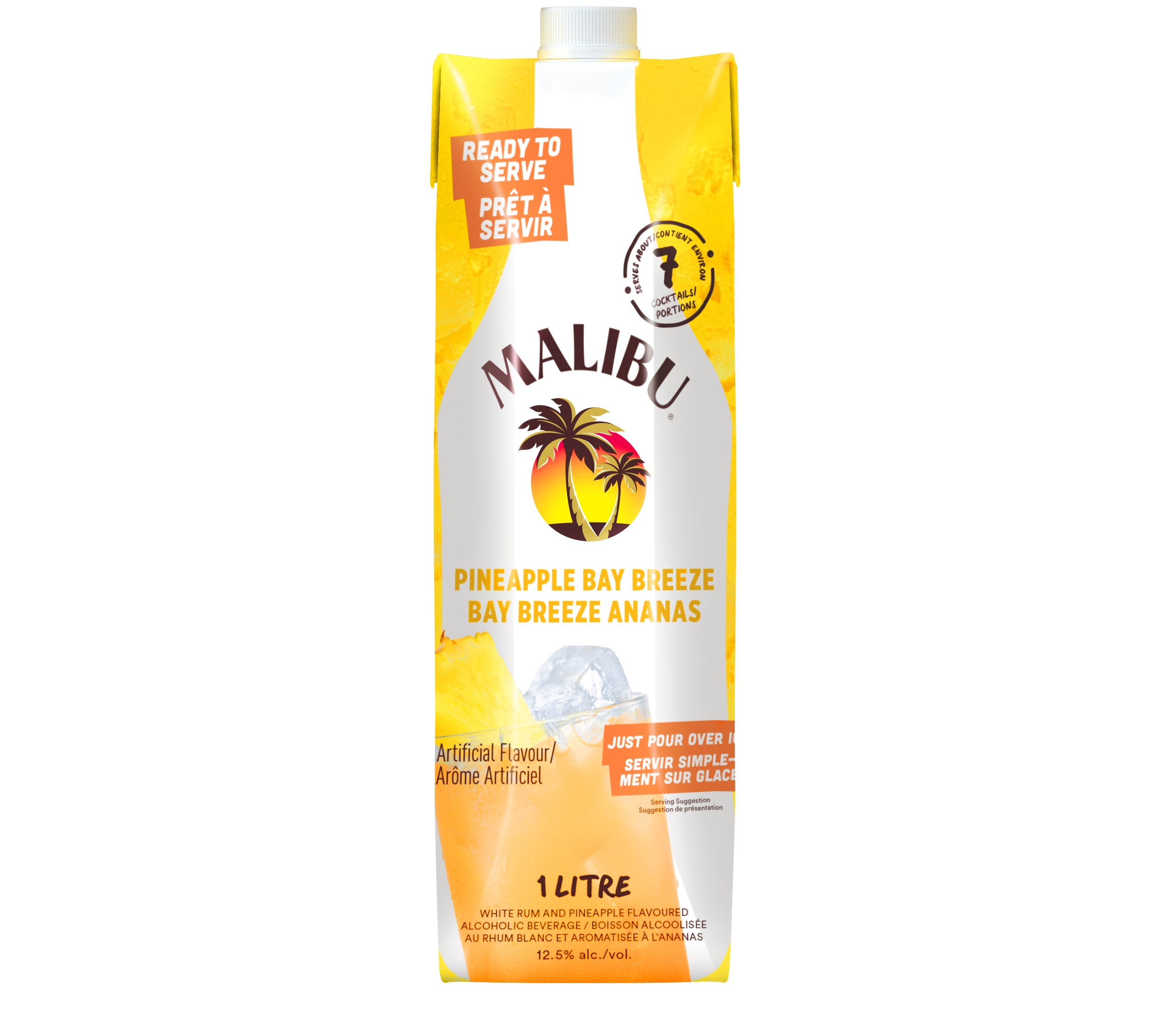 Malibu Pineapple Bay Breeze drink carton with logo, product name, and a 1-liter measurement