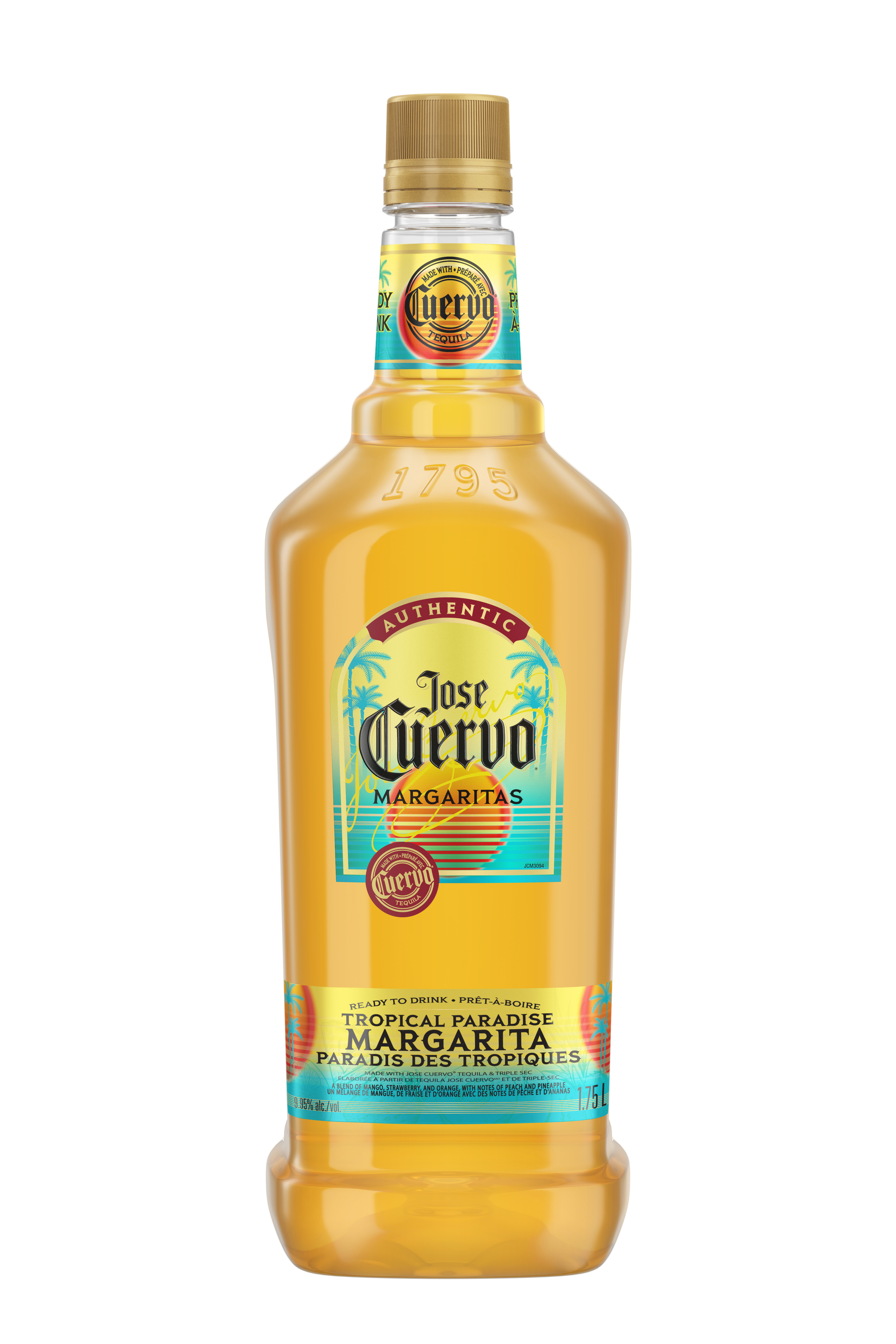 Bottle of Jose Cuervo Tropical Fruit Margarita mix with label, on white background