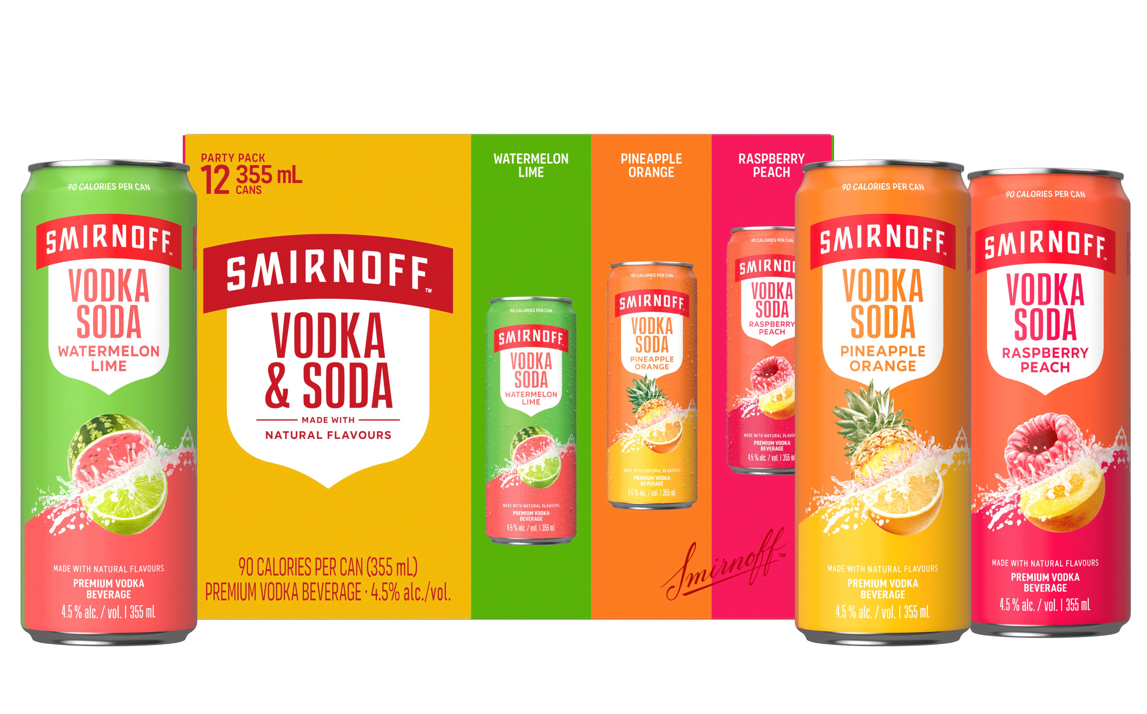 Four Smirnoff Vodka &amp;amp; Soda cans with different flavors: Lime, Watermelon Lime, Pineapple Orange, and Raspberry