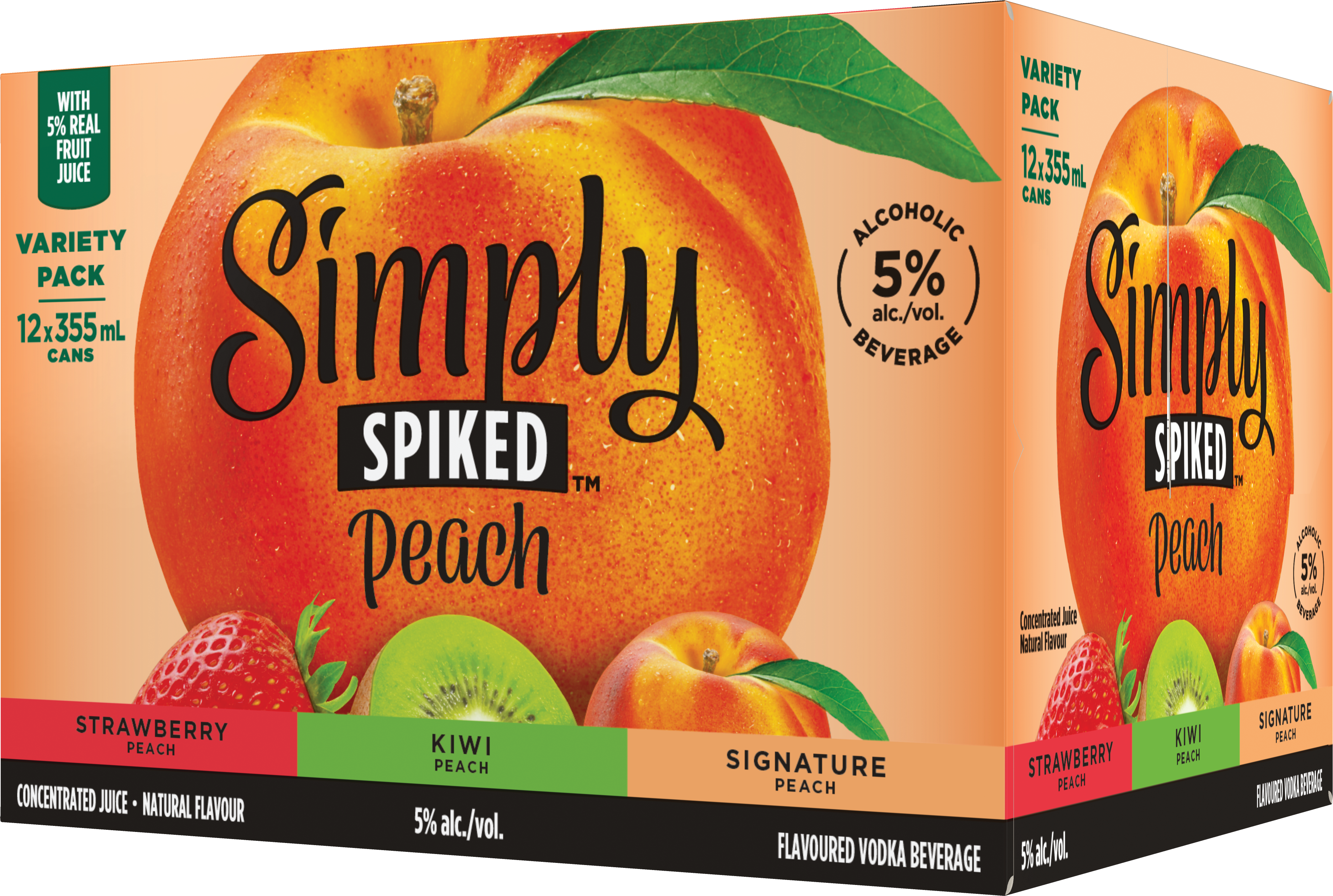 Packaging of Simply Spiked Peach beverage with three flavor variants: Strawberry, Kiwi, and Signature Peach