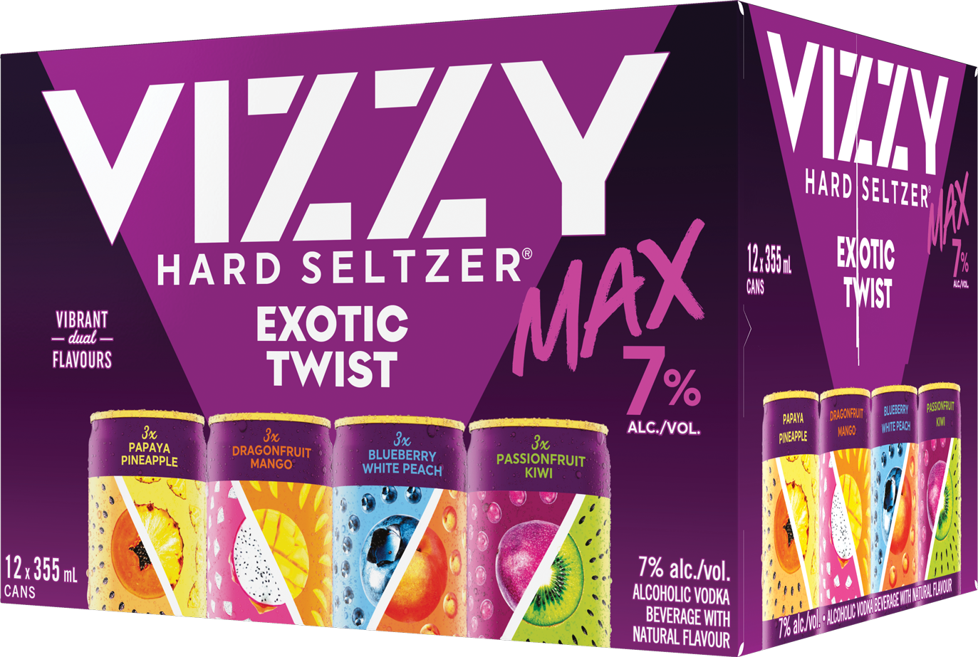 Packaging for Vizzy Hard Seltzer MAX with various fruit flavors displayed. There are no people in the image