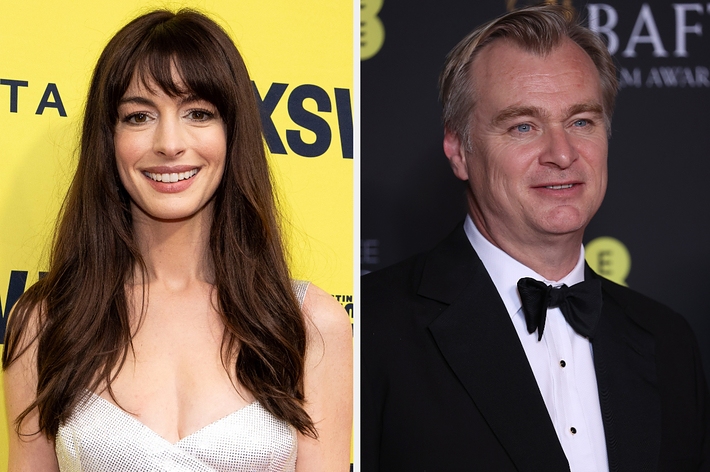 Anne Hathaway in a v-neck dress poses on the left, and Christopher Nolan in a black tuxedo appears on the right