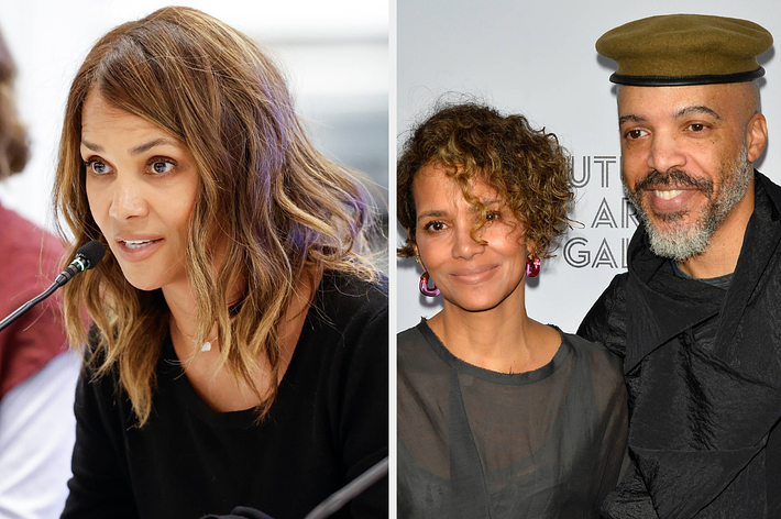 Split image: Left - Halle Berry speaking at an event. Right - Halle Berry and male companion in casual attire