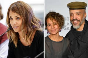 Split image: Left - Halle Berry speaking at an event. Right - Halle Berry and male companion in casual attire