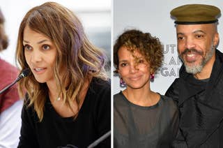 Split image: Left - Halle Berry speaking at an event. Right - Halle Berry and male companion in casual attire