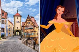 Left: Cobblestone street with traditional buildings. Right: Belle from Beauty and the Beast in a yellow gown