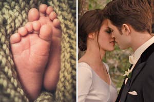 On the left, a closeup of a baby's feet, and on the right, Bella and Edward from Twilight leaning in to kiss on their wedding day