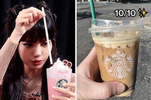 Person holding Starbucks drink next to review rating of 10/10 with star graphic